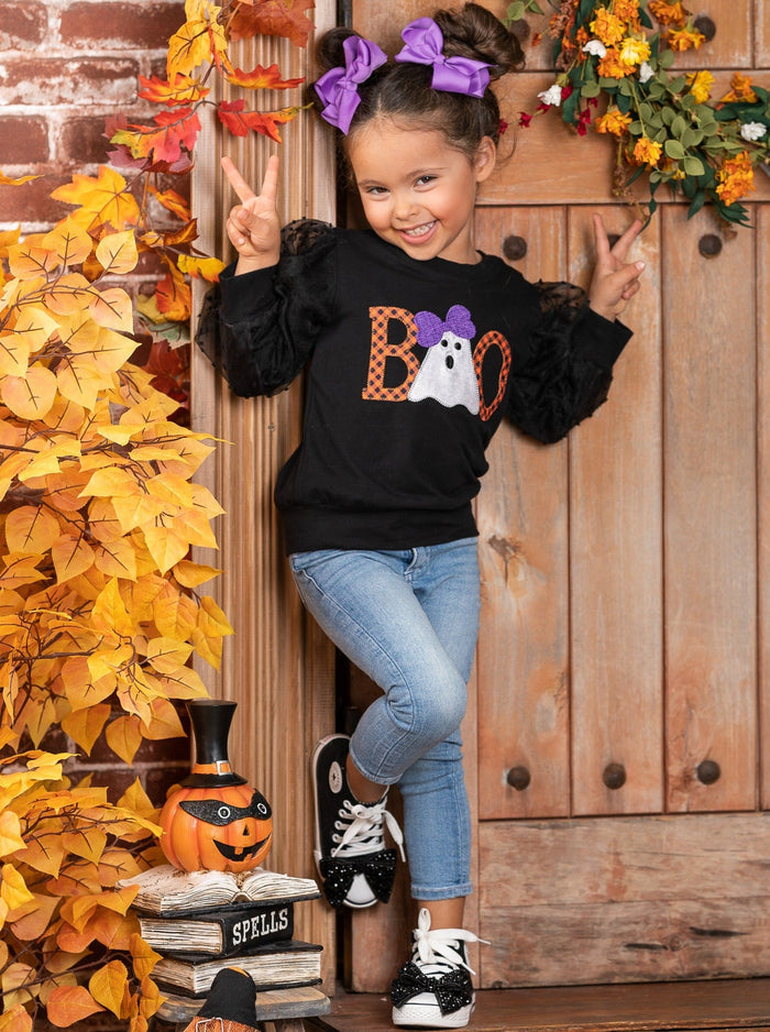 Girls Halloween Tops | Tulle Sleeve Pullover Sweater - Mia Belle Girls