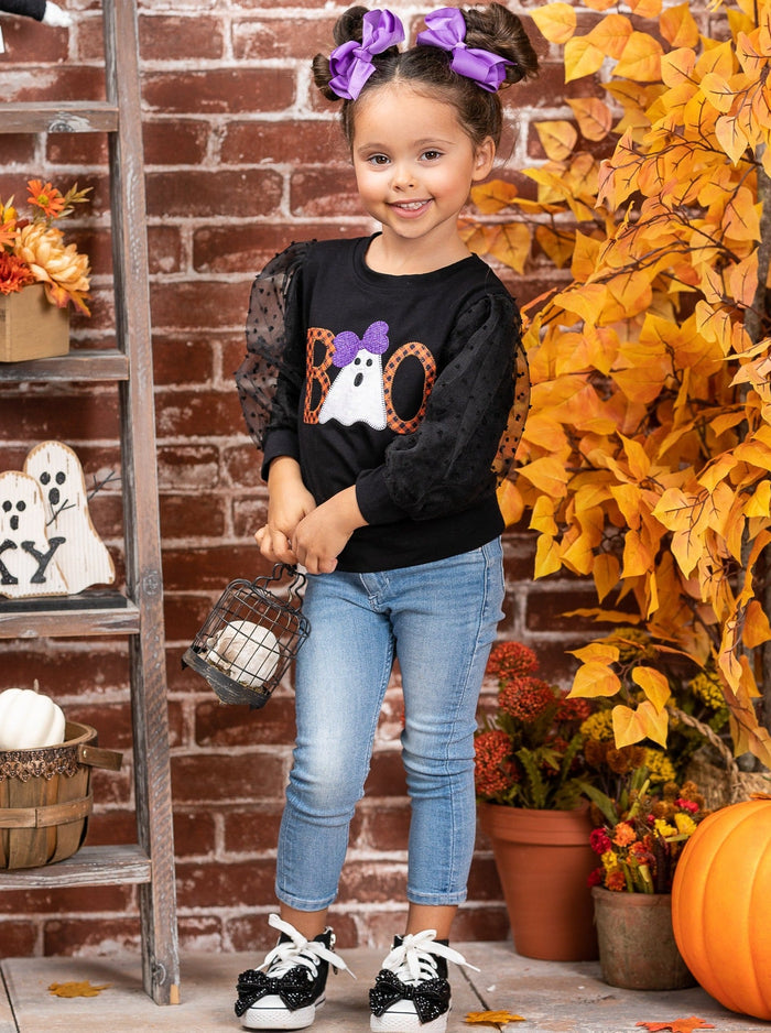 Girls Halloween Tops | Tulle Sleeve Pullover Sweater - Mia Belle Girls