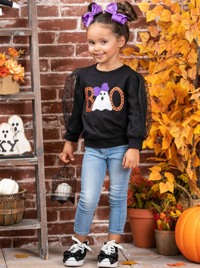 Girls Halloween Tops | Tulle Sleeve Pullover Sweater - Mia Belle Girls