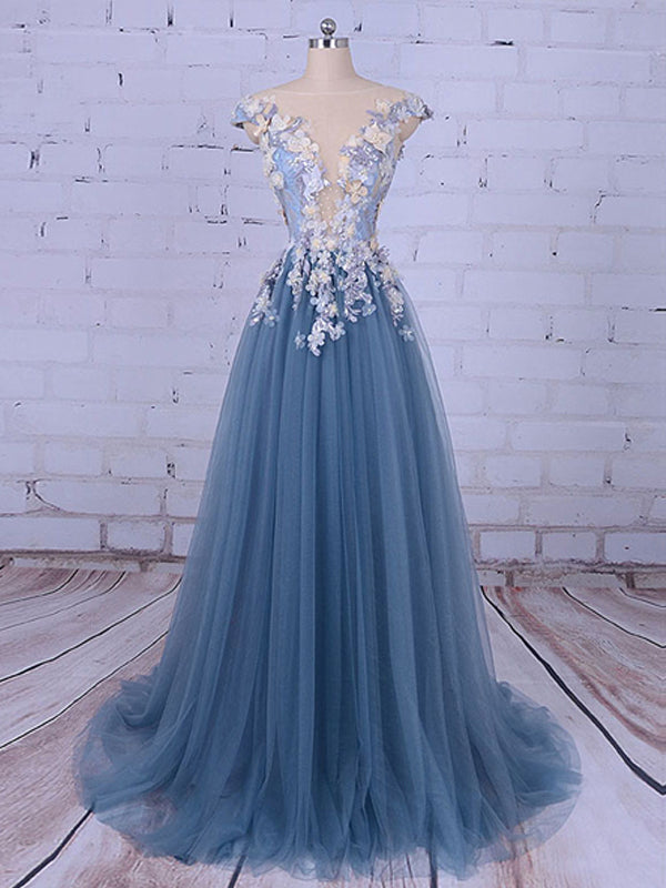 Popular Handmade Flowers V-neck Blue A-line Prom Gown Dresses,PD00046