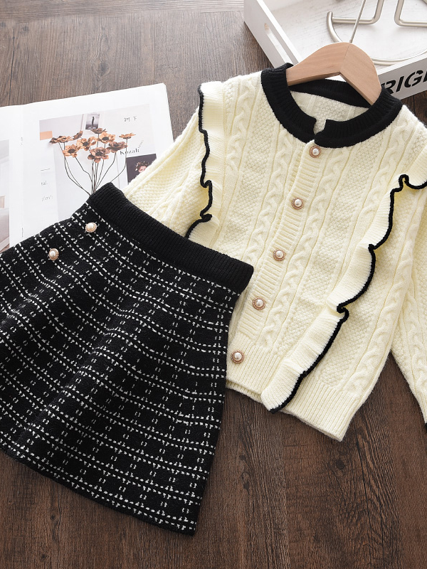 Girls Preppy Chic Dress | Pearl Cardigan & Skirt Set | Mia Belle Girls