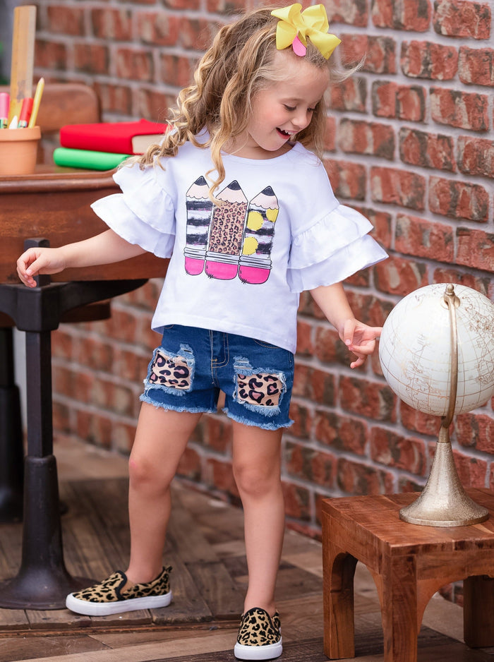 Back To School Pencil Top & Leopard Patch Denim Shorts | Mia Belle Girls