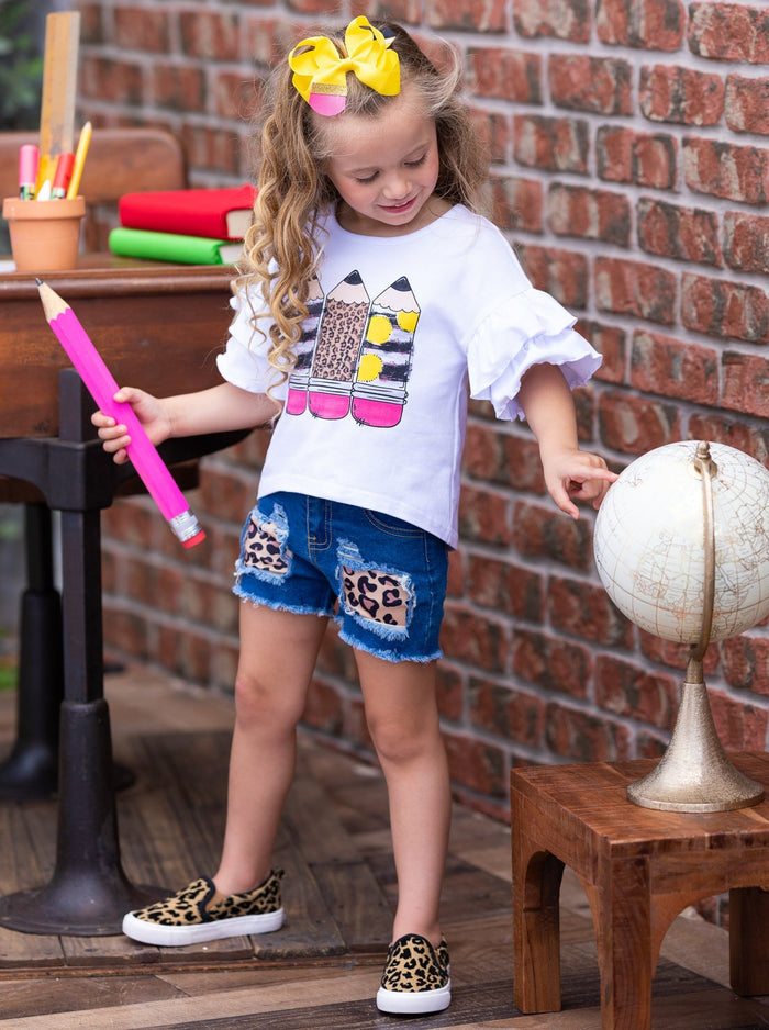Back To School Pencil Top & Leopard Patch Denim Shorts | Mia Belle Girls