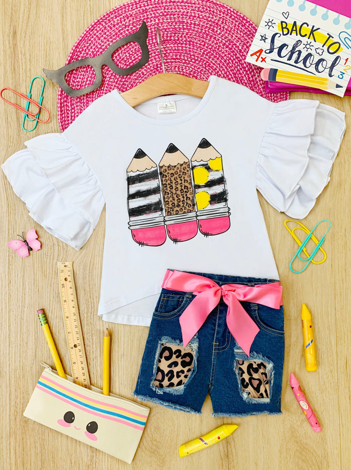 Back To School Pencil Top & Leopard Patch Denim Shorts | Mia Belle Girls