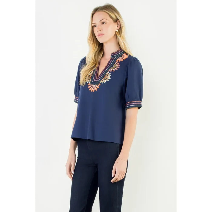 Puff Sleeve Floral Embroidery Top