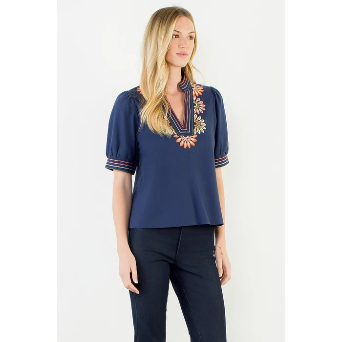 Puff Sleeve Floral Embroidery Top