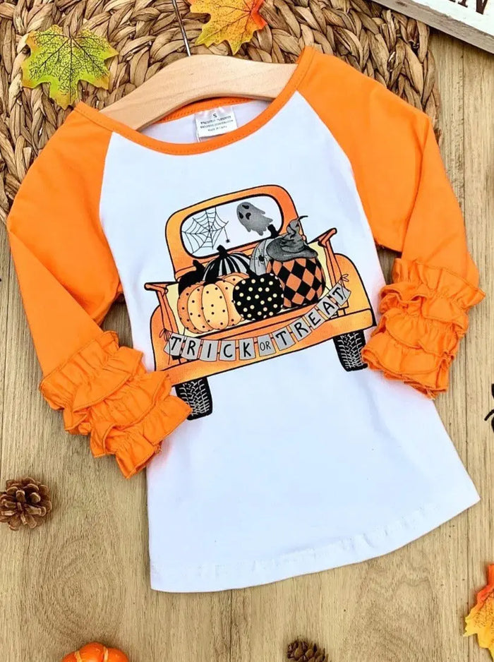 Girls Cute Fall Tops | Pumpkin Truck Raglan Top - Mia Belle Girls