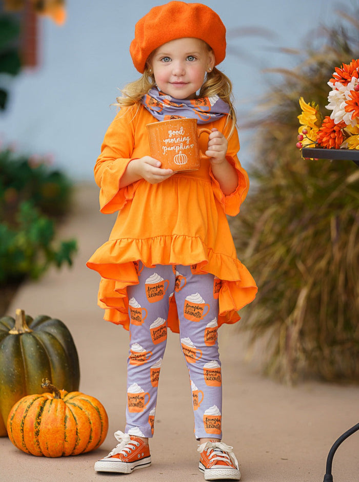 Girls Fall Outfits | Pumpkin Spice Season Tunic, Scarf & Legging Set