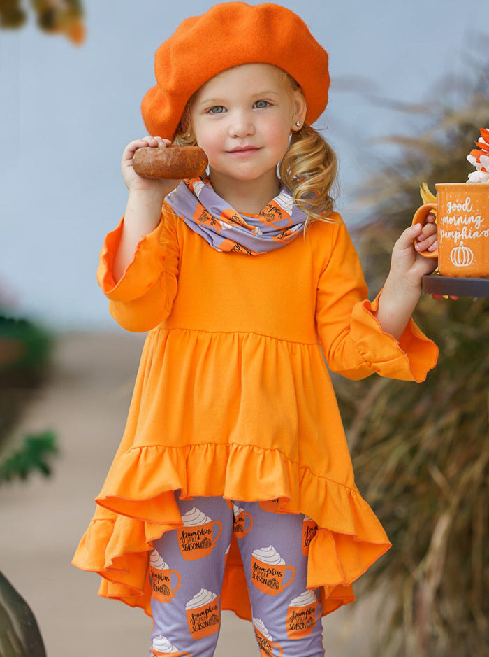 Girls Fall Outfits | Pumpkin Spice Season Tunic, Scarf & Legging Set
