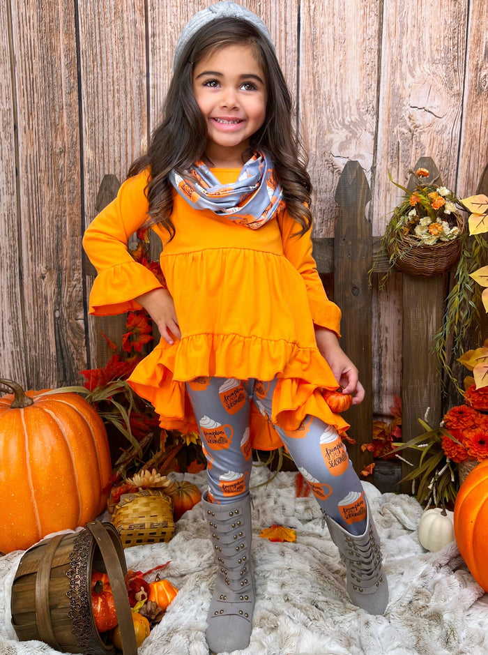 Girls Fall Outfits | Pumpkin Spice Season Tunic, Scarf & Legging Set