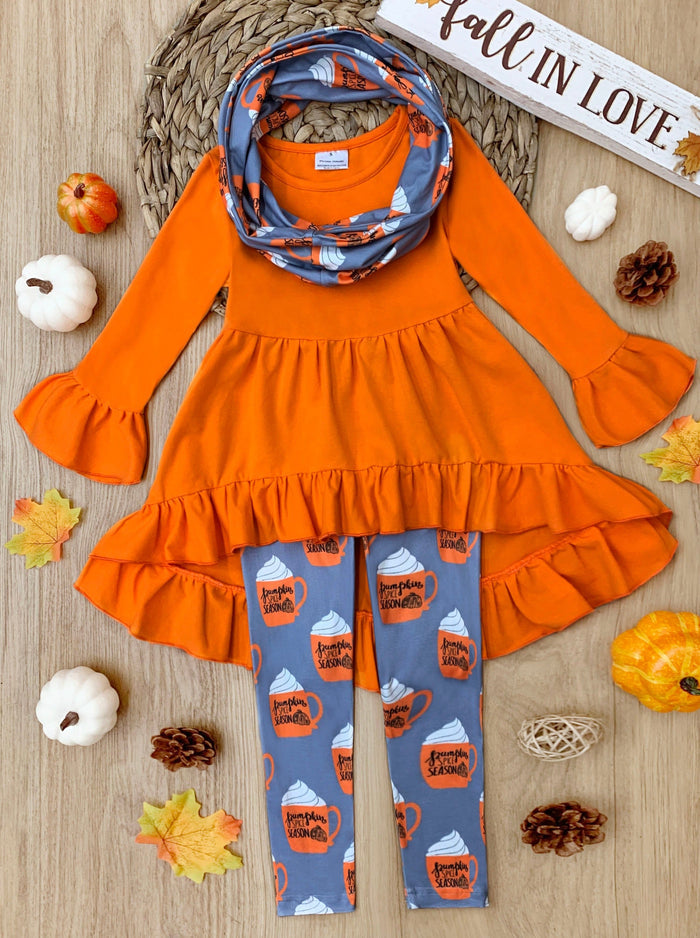 Girls Fall Outfits | Pumpkin Spice Season Tunic, Scarf & Legging Set