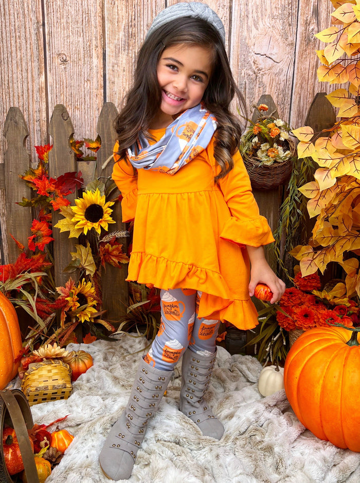 Girls Fall Outfits | Pumpkin Spice Season Tunic, Scarf & Legging Set