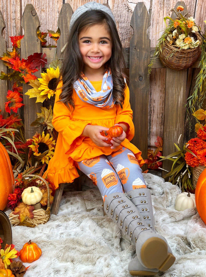 Girls Fall Outfits | Pumpkin Spice Season Tunic, Scarf & Legging Set