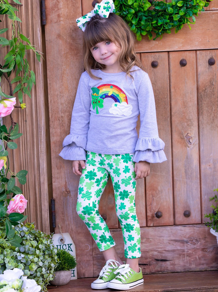 St. Patrick's Day Clothes | Girls Rainbow Top & Clover Legging Set