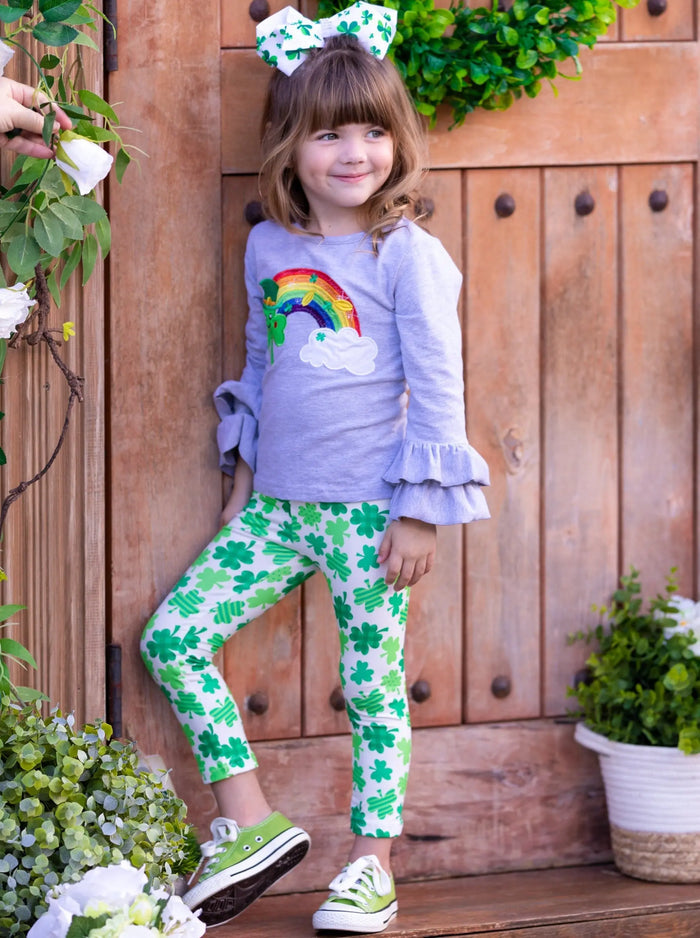 St. Patrick's Day Clothes | Girls Rainbow Top & Clover Legging Set