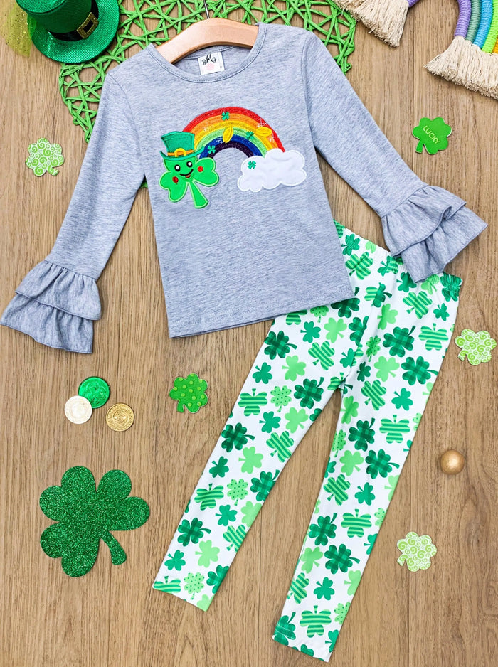 St. Patrick's Day Clothes | Girls Rainbow Top & Clover Legging Set