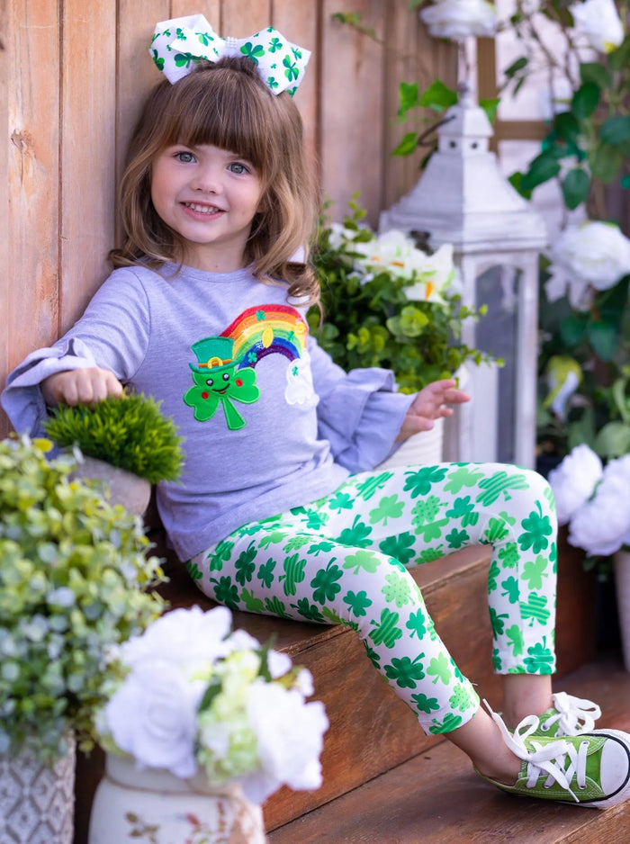 St. Patrick's Day Clothes | Girls Rainbow Top & Clover Legging Set
