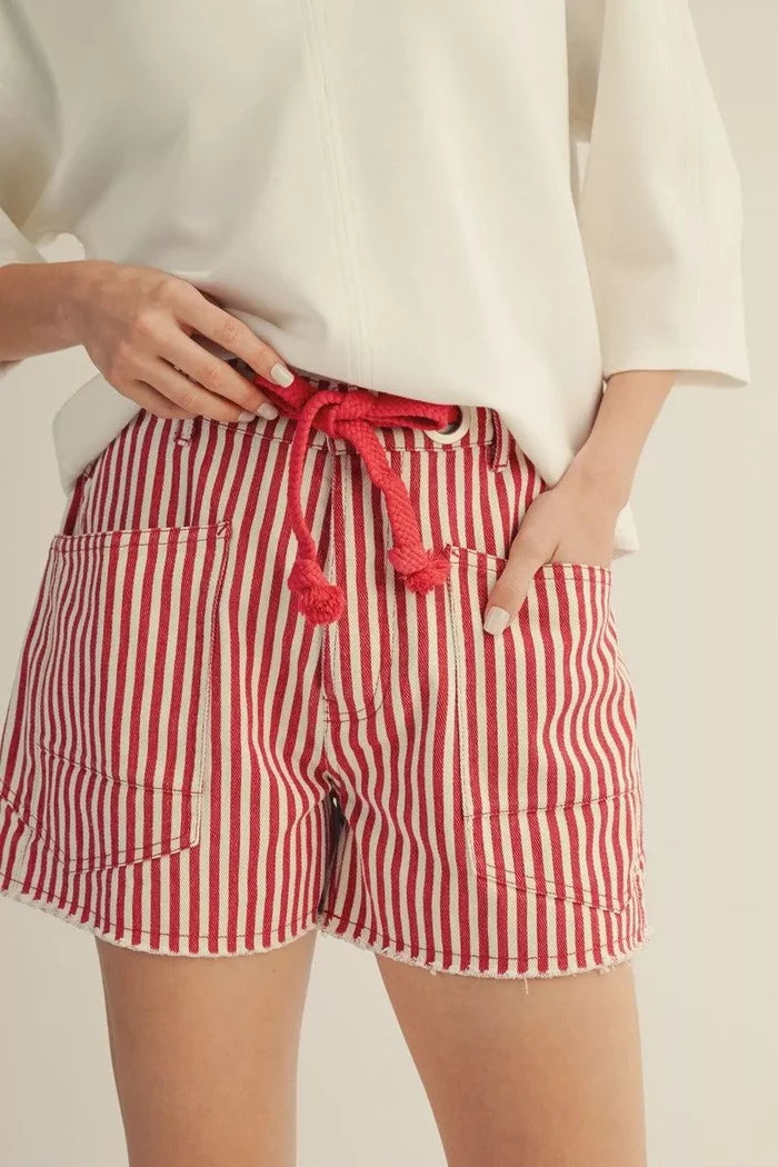 Red Drawstring Stripe Shorts