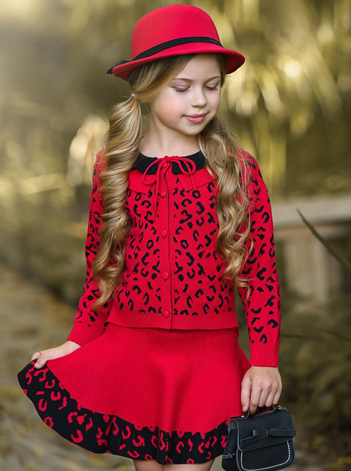 Girls Leopard Collared Buttoned Cardigan and Skirt Set