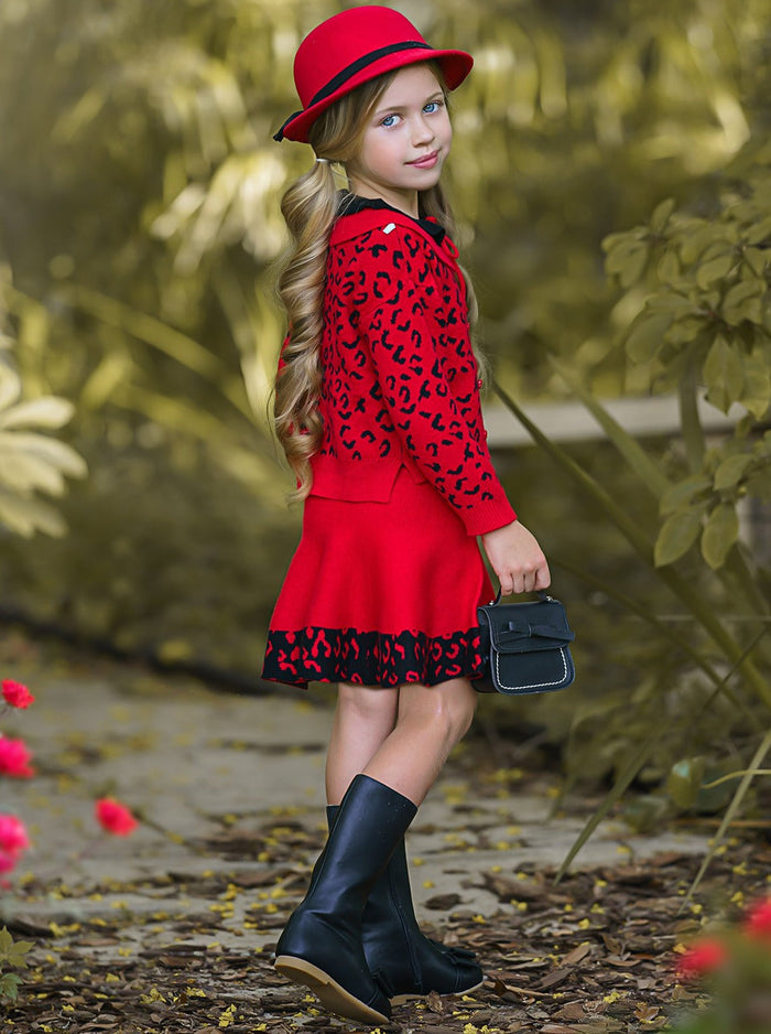 Girls Leopard Collared Buttoned Cardigan and Skirt Set