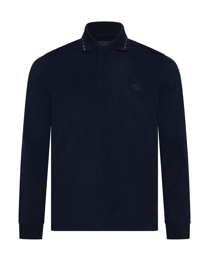 Robinson Cotton & Silk Long Sleeve Jersey Polo Shirt Navy