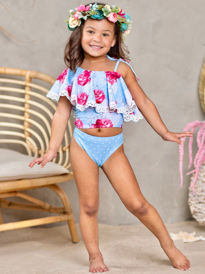 Kids Swimsuits | Little Girls Rose Print Ruffle Two Piece Swimsuit