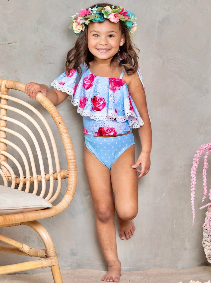 Kids Swimsuits | Little Girls Rose Print Ruffle Two Piece Swimsuit