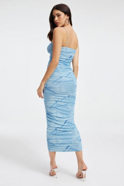 Ruched Mesh Midi Dress