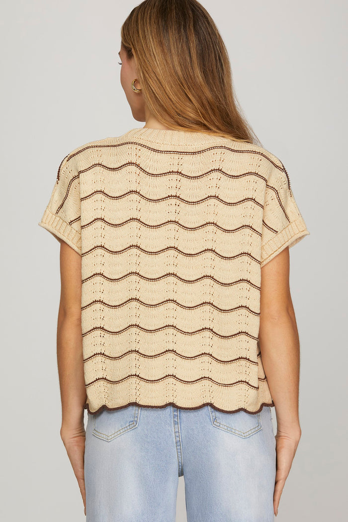 Scalloped Striped Pattern Knit Sweater Top
