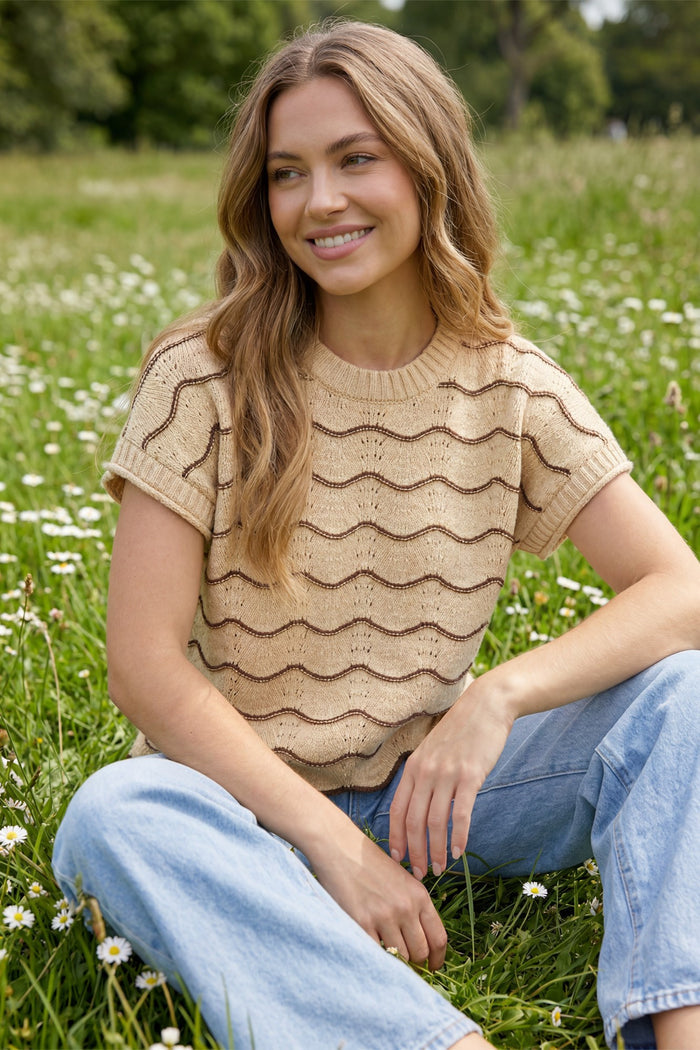 Scalloped Striped Pattern Knit Sweater Top