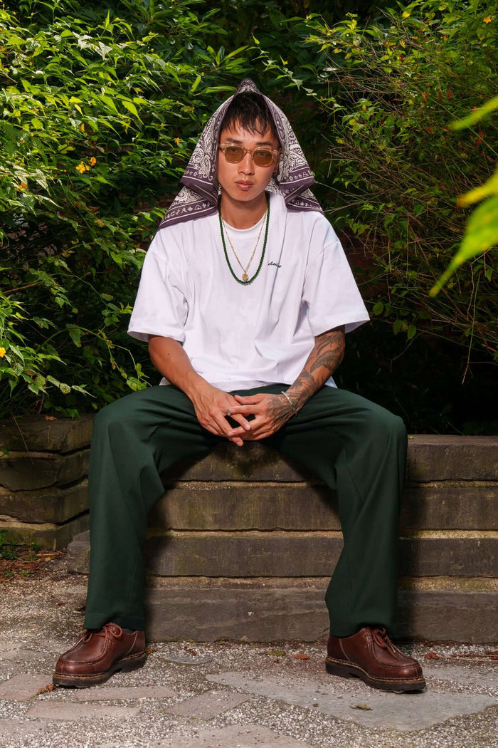 Sedona graphic T-shirt styled with green trousers in outdoor setting