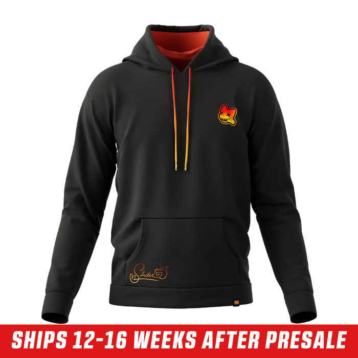 Black hoodie with a red to yellow gradient graphic of stylized fiery faces on the side panel