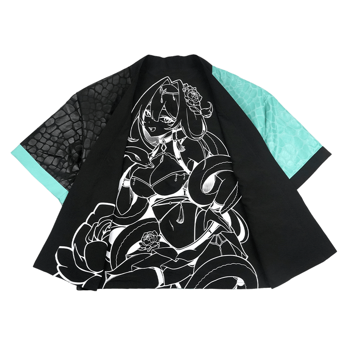 Black and turquoise kimono with white interior and exterior designs and a snake scale finish