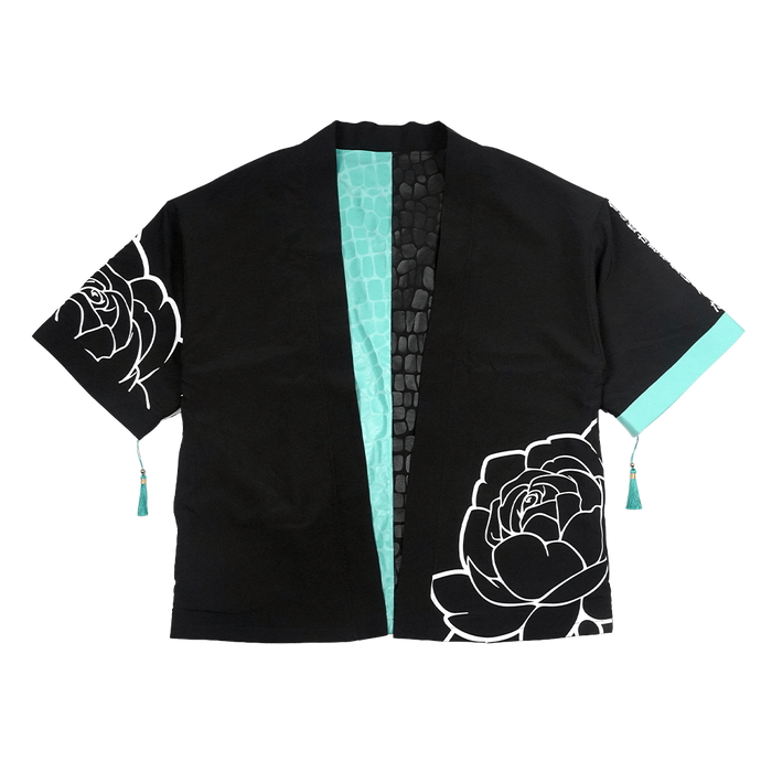 Black and turquoise kimono with white interior and exterior designs and a snake scale finish