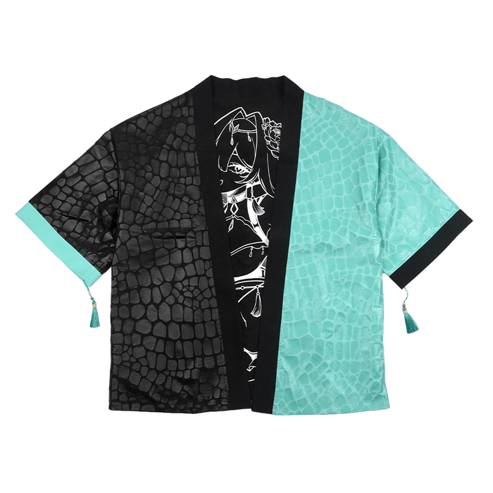 Black and turquoise kimono with white interior and exterior designs and a snake scale finish