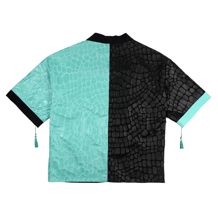 Black and turquoise kimono with white interior and exterior designs and a snake scale finish
