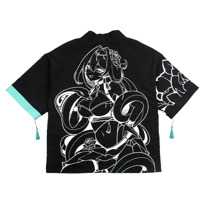 Black and turquoise kimono with white interior and exterior designs and a snake scale finish