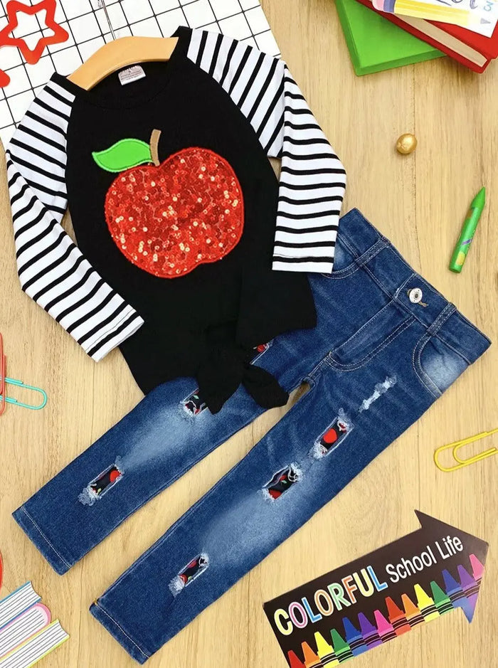 Day of School | Sequin Apple Top & Patched Jeans | Mia Belle Girls