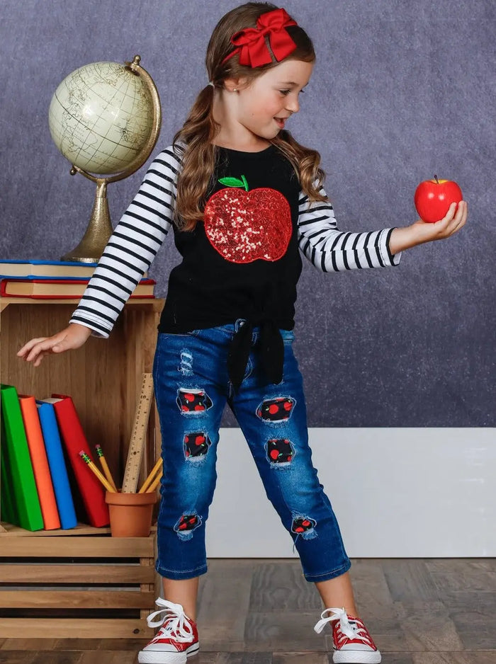Day of School | Sequin Apple Top & Patched Jeans | Mia Belle Girls