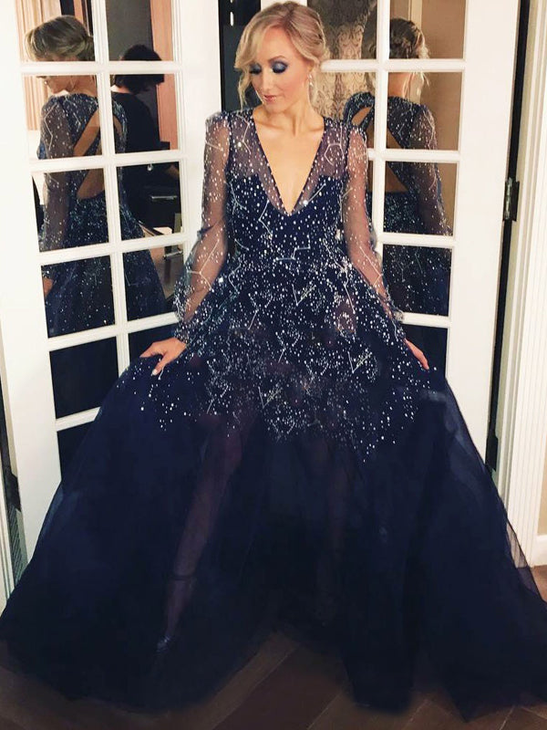 Sparkly Navy Blue Night Star Sequins A-line Tulle Ball Gown with Long Sleeve, V-neck Evening Gown, PD00044