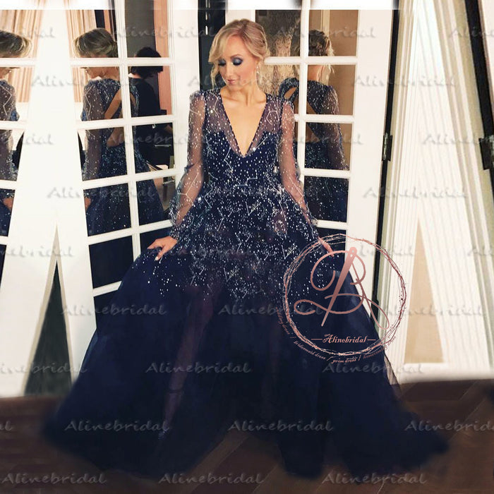 Sparkly Navy Blue Night Star Sequins A-line Tulle Ball Gown with Long Sleeve, V-neck Evening Gown, PD00044