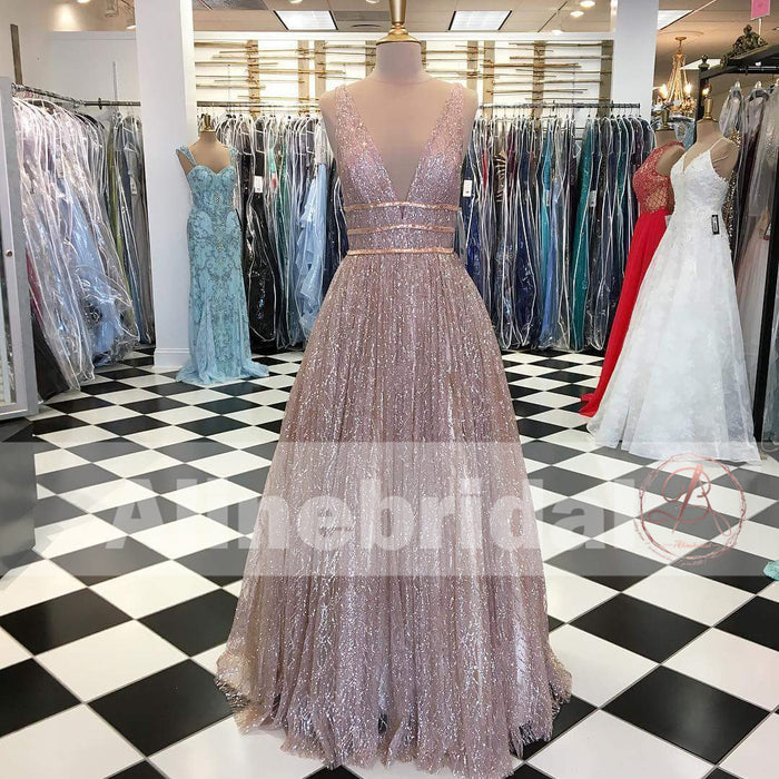 Sparkly Sequin V-neck Pink Sleeveless A-line Prom Dresses, PD00086