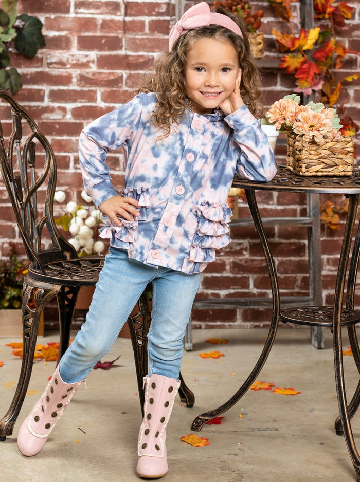 Kids Sweaters & Cardigans | Tie Dye Ruffle Hoodie | Mia Belle Girls