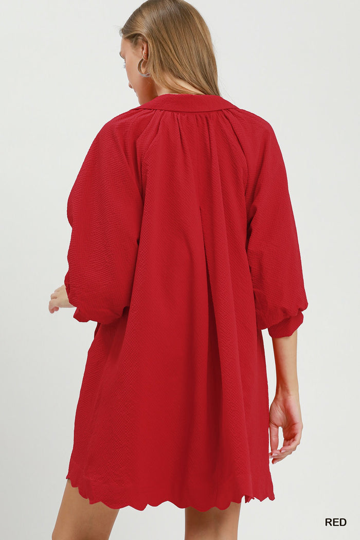 Split V-Neck Dress with Puff Sleeves