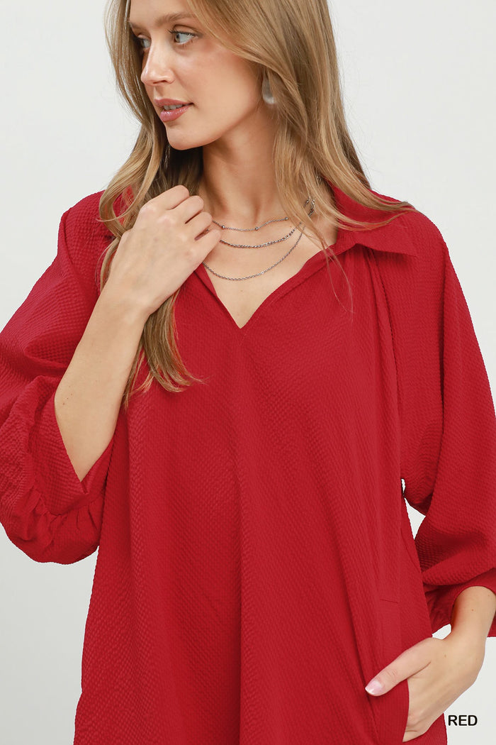 Split V-Neck Dress with Puff Sleeves