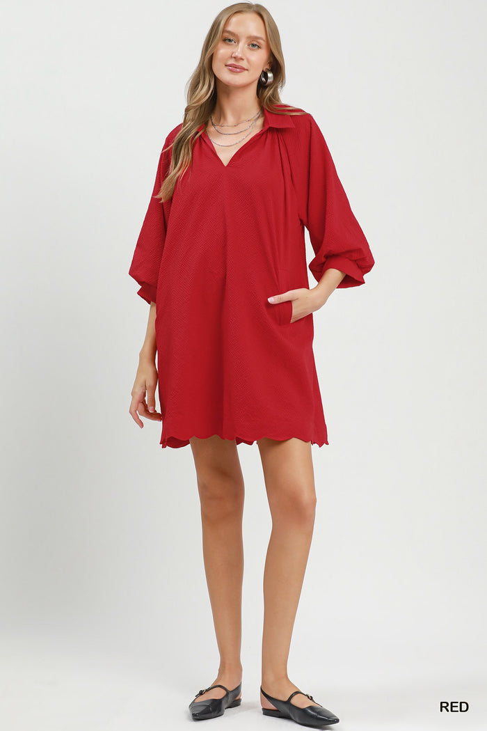Split V-Neck Dress with Puff Sleeves