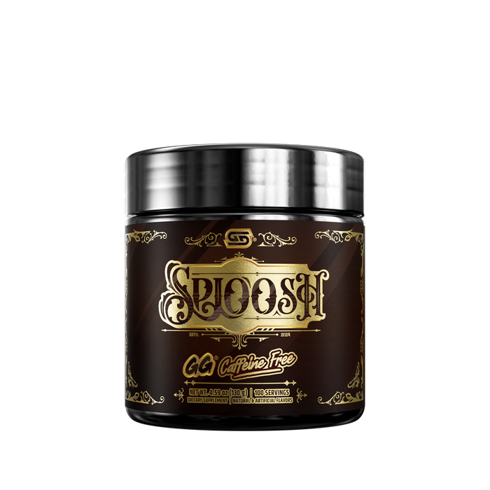 Black supplement container with detailed white and yellow nutrition and ingredient labels and a silver lid