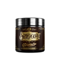 Black supplement container with detailed white and yellow nutrition and ingredient labels and a silver lid