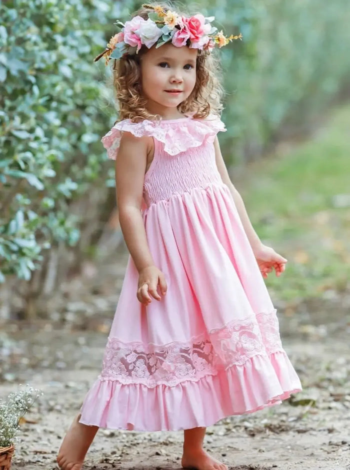 Cute Toddler Outfit | Girls Spring Smocked Lace Ruffled Maxi Dress