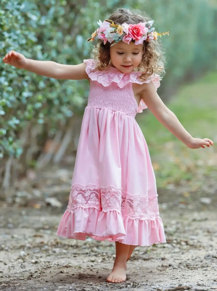 Cute Toddler Outfit | Girls Spring Smocked Lace Ruffled Maxi Dress